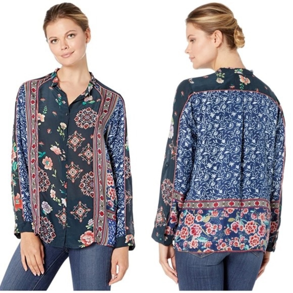 Johnny Was Georgina Mixed-Print Button Down Long Sleeve Blouse Size XS